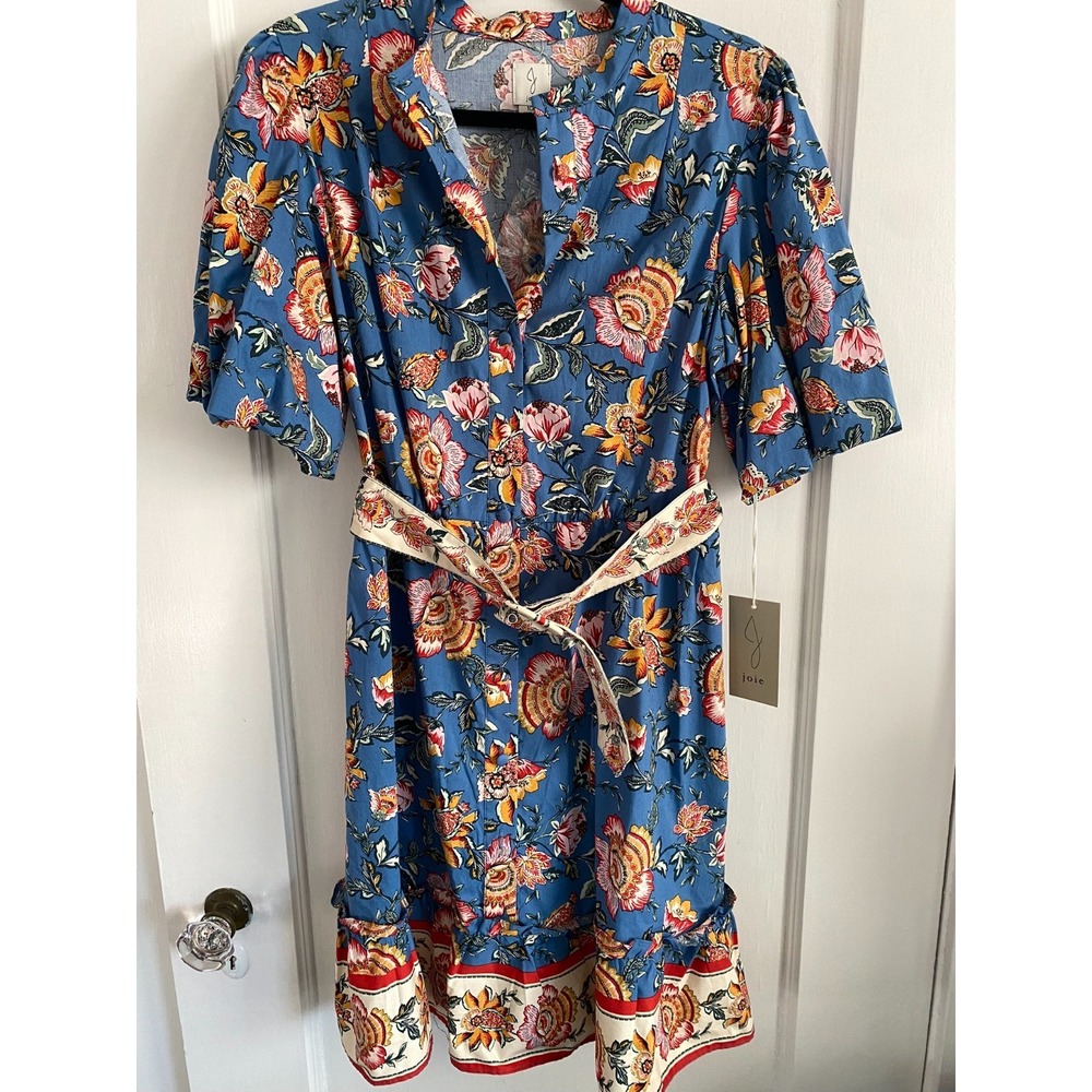 NWT Joie Blue Floral Shirt Dress Size 10 Belted Cottagecore Boho Ruffle Sleeve